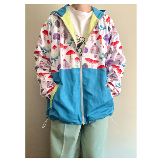 nocco ウィンドブレーカー 大人サイズ かわいいきのこ白×青緑
